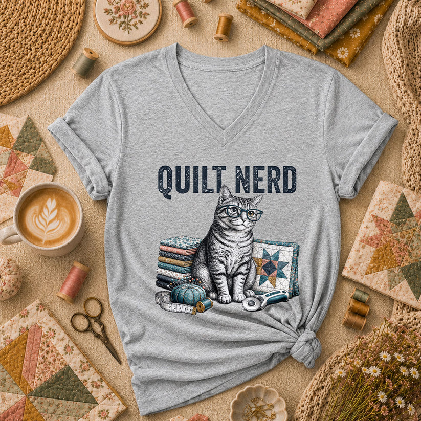 Quilt Nerd Glasses Cat Fabric Women's V-Neck - Sport Grey
