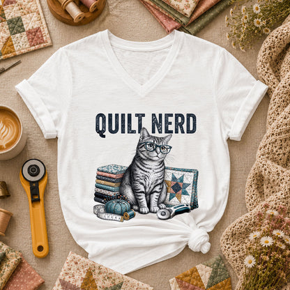 Quilt Nerd Glasses Cat Fabric Women's V-Neck - White