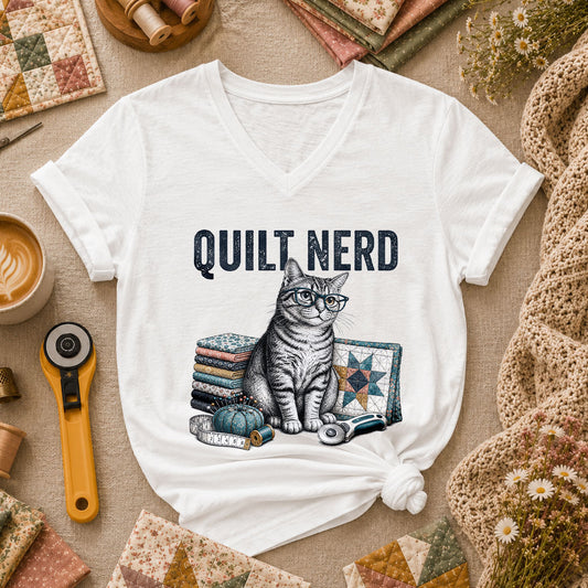 Quilt Nerd Glasses Cat Fabric Women's V-Neck - White
