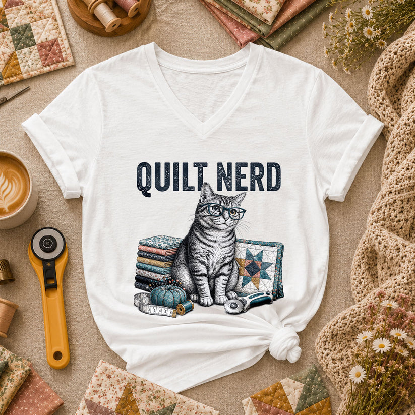 Quilt Nerd Glasses Cat Fabric Women's V-Neck - White