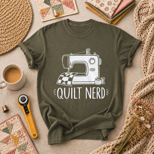 Quilt Nerd Vintage Sewing Machine Funny T-Shirt - Military Green