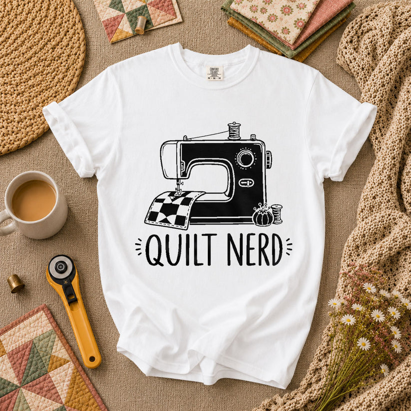 Quilt Nerd Vintage Sewing Machine Funny T-Shirt - White