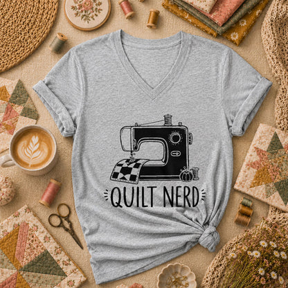 Quilt Nerd Vintage Sewing Machine Funny Women's V-Neck - Athletic Heather