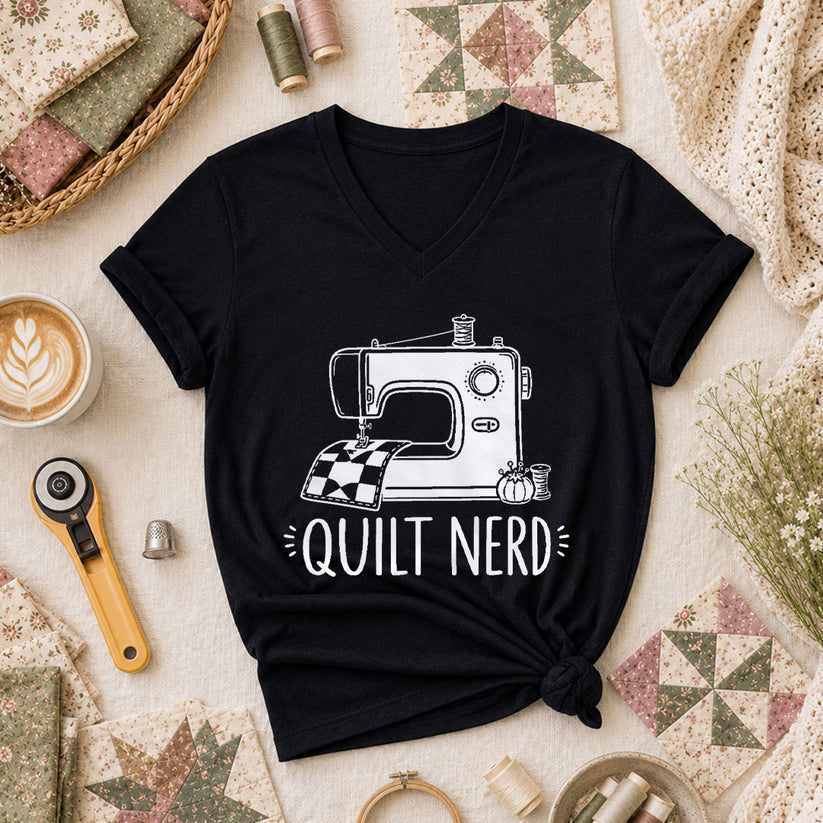 Quilt Nerd Vintage Sewing Machine Funny Women's V-Neck - Black