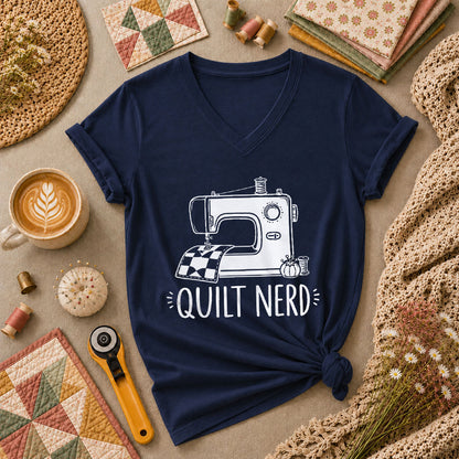 Quilt Nerd Vintage Sewing Machine Funny Women's V-Neck - Navy