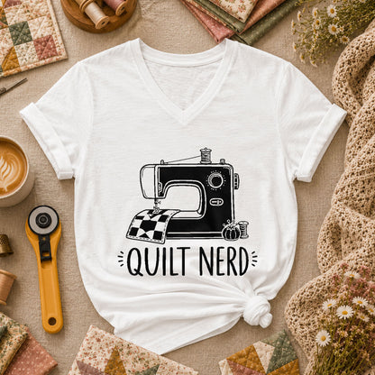 Quilt Nerd Vintage Sewing Machine Funny Women's V-Neck - White