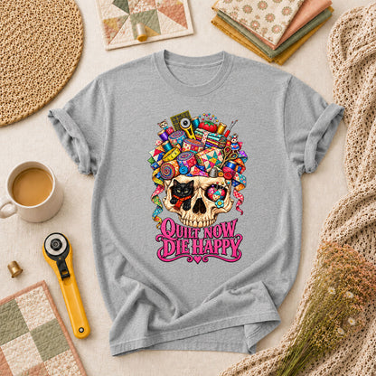 Quilt Now Die Happy Skull Cat T-Shirt - Athletic Heather