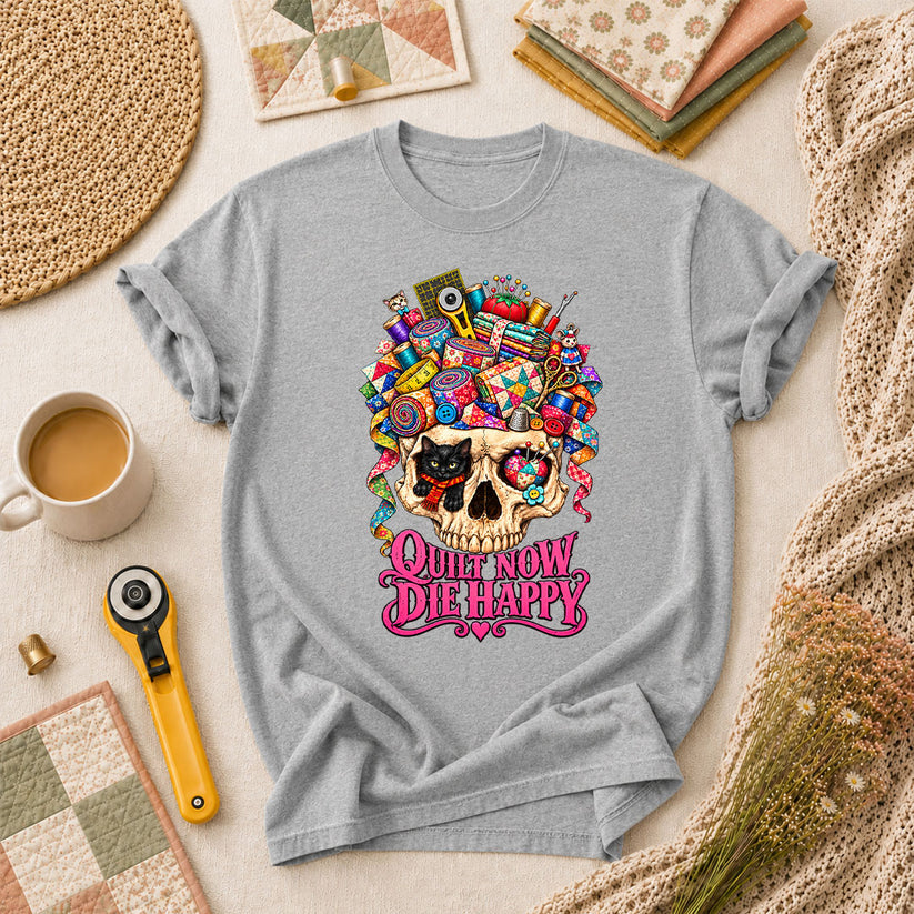 Quilt Now Die Happy Skull Cat T-Shirt - Athletic Heather