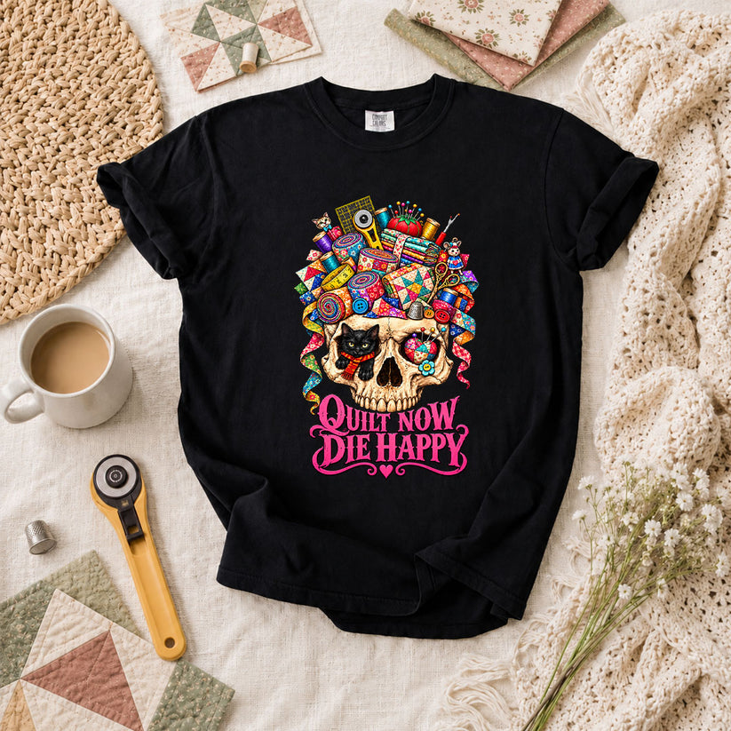 Quilt Now Die Happy Skull Cat T-Shirt - Black