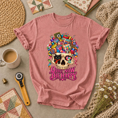 Quilt Now Die Happy Skull Cat T-Shirt - Heather Mauve