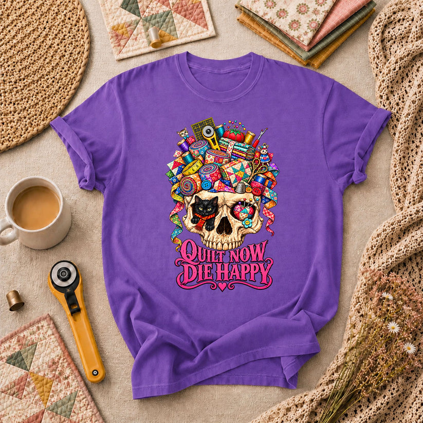 Quilt Now Die Happy Skull Cat T-Shirt - Heather Team Purple