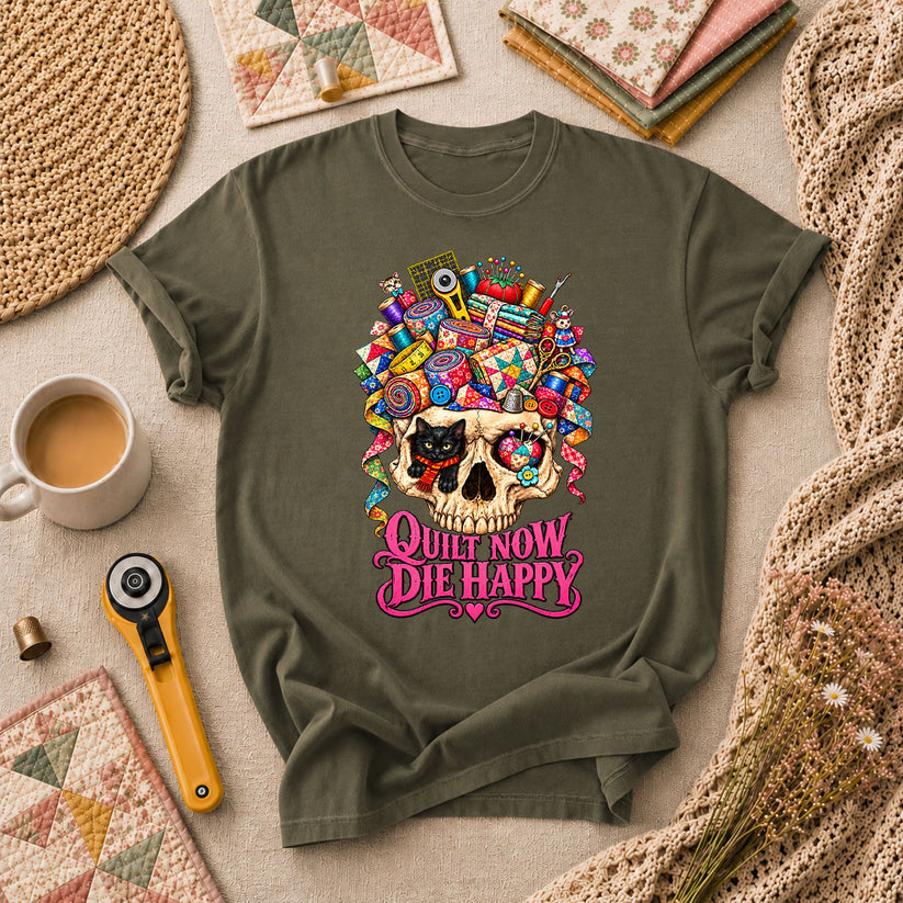 Quilt Now Die Happy Skull Cat T-Shirt - Military Green