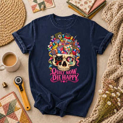 Quilt Now Die Happy Skull Cat T-Shirt - Navy