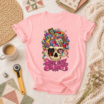 Quilt Now Die Happy Skull Cat T-Shirt - Pink