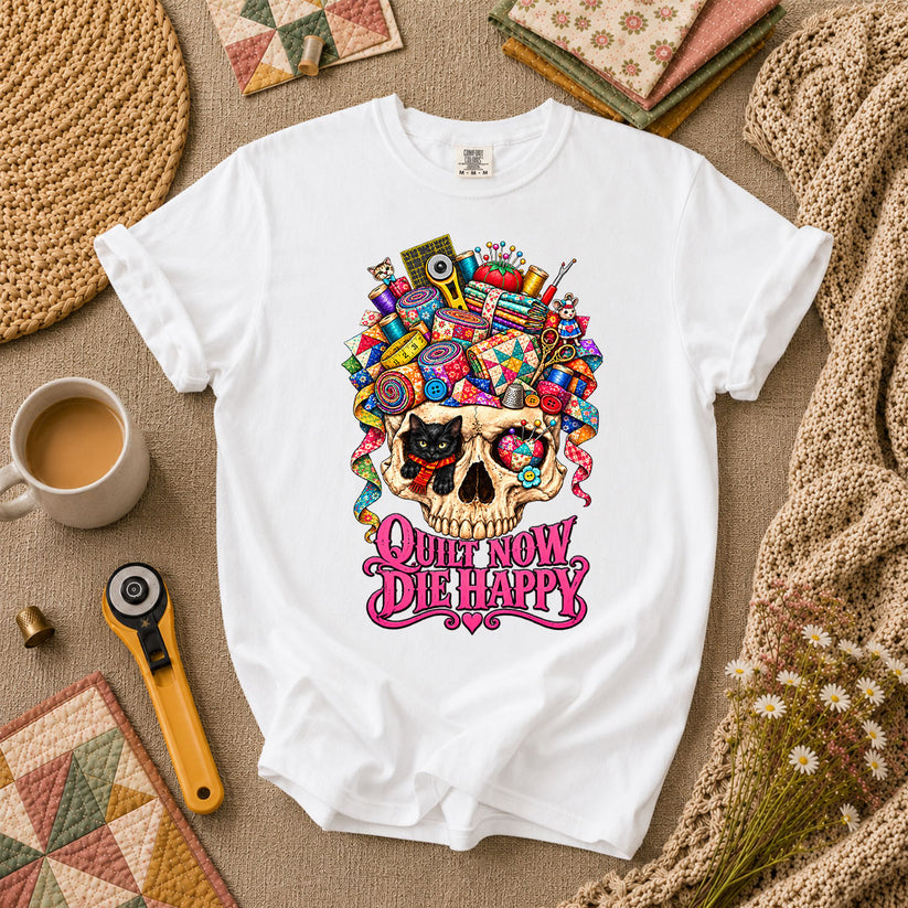 Quilt Now Die Happy Skull Cat T-Shirt - White