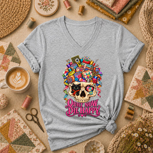 Quilt Now Die Happy Skull Cat Women's V-Neck - Athletic Heather