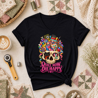 Quilt Now Die Happy Skull Cat Women's V-Neck - Black