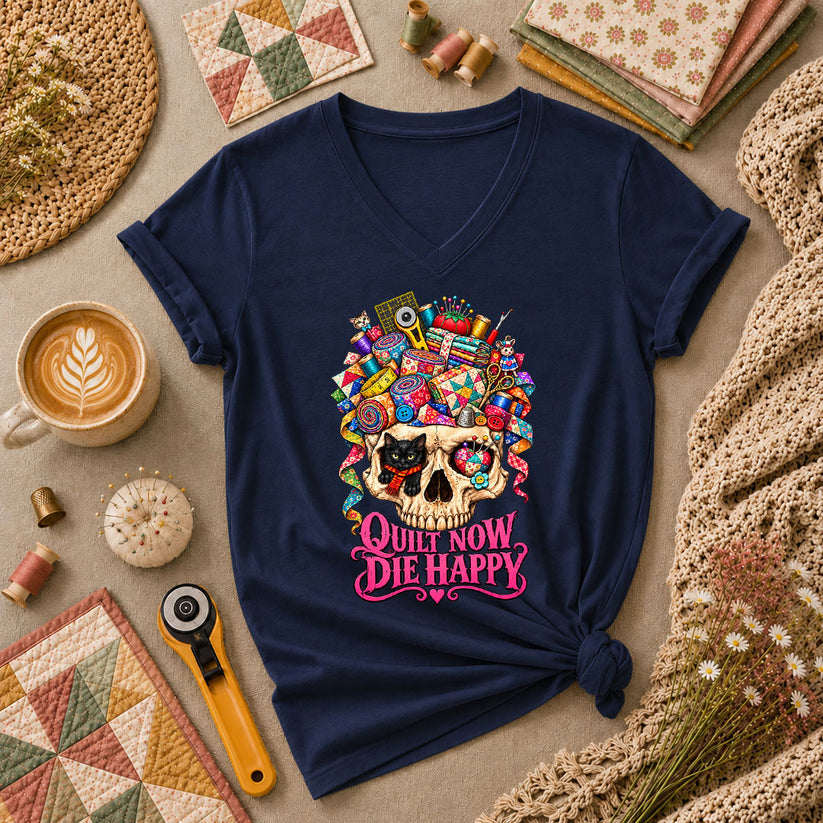 Quilt Now Die Happy Skull Cat Women's V-Neck - Navy