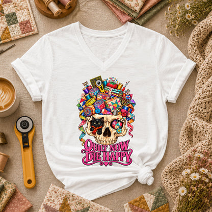 Quilt Now Die Happy Skull Cat Women's V-Neck - White