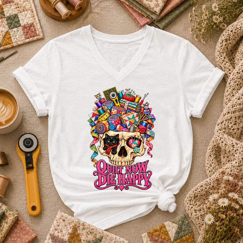 Quilt Now Die Happy Skull Cat Women's V-Neck - White