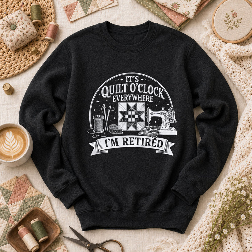 Quilt O Clock Everywhere Im Retired Long Sleeve - Black