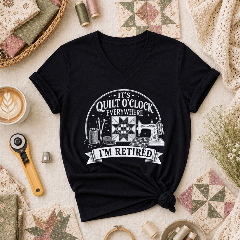 Quilt O Clock Everywhere Im Retired Women's V-Neck - Black