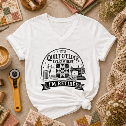 Quilt O Clock Everywhere Im Retired Women's V-Neck - White