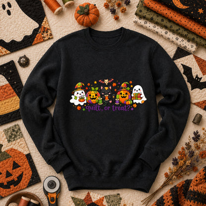 Quilt Or Treat Ghost Pumpkin Cat Long Sleeve - Black
