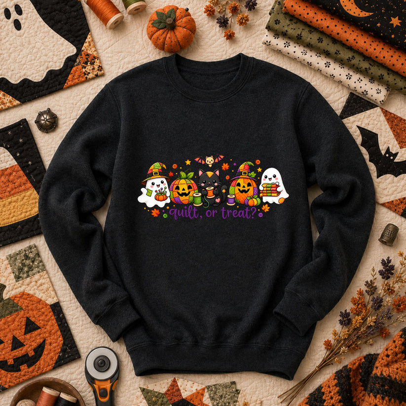 Quilt Or Treat Ghost Pumpkin Cat Long Sleeve - Black