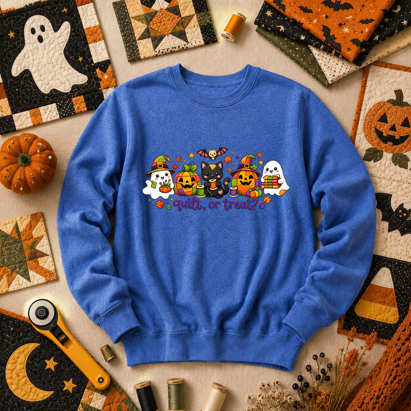 Quilt Or Treat Ghost Pumpkin Cat Long Sleeve - Heather True Royal