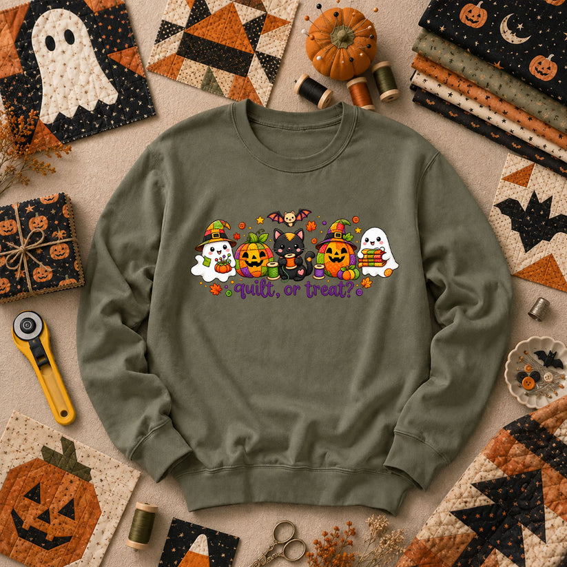 Quilt Or Treat Ghost Pumpkin Cat Long Sleeve - Military Green