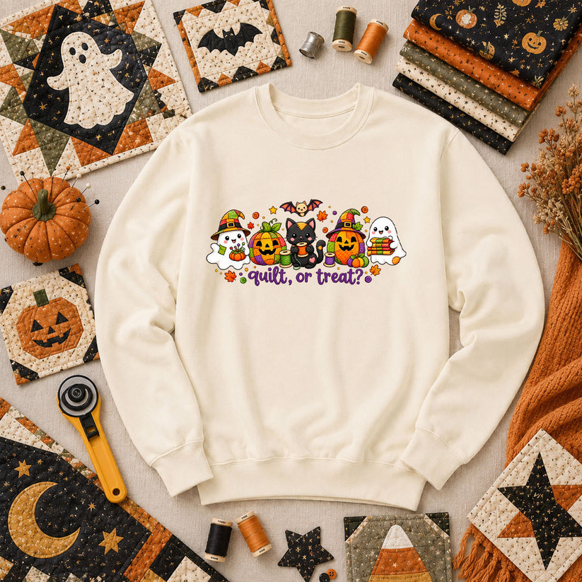 Quilt Or Treat Ghost Pumpkin Cat Long Sleeve - Natural