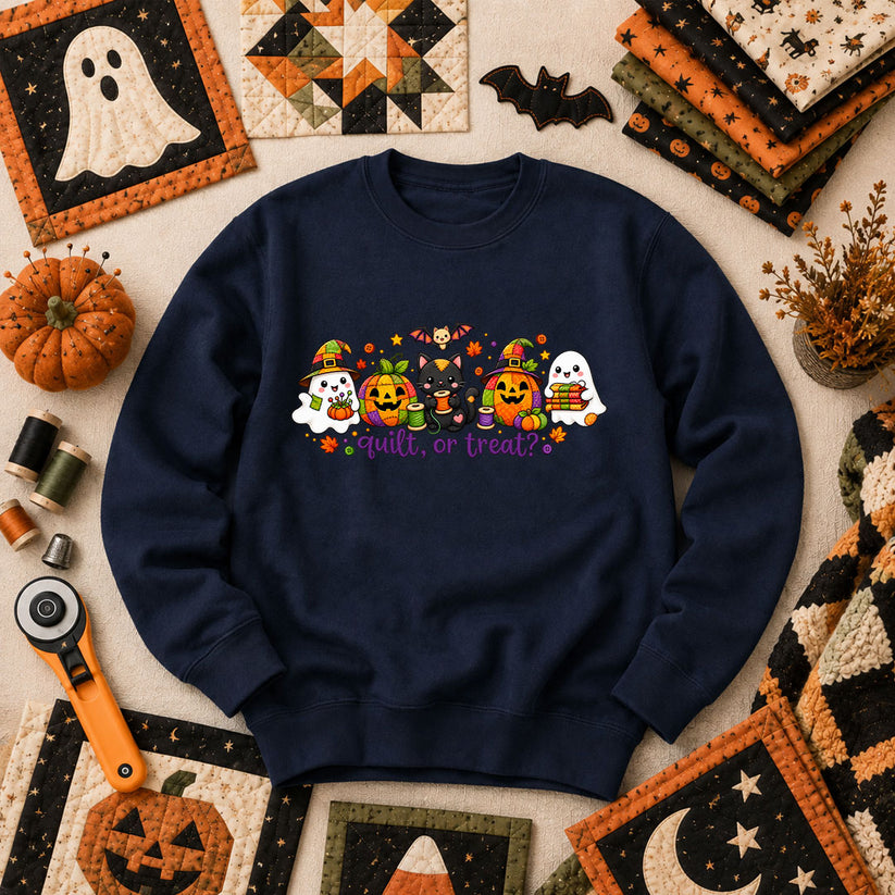 Quilt Or Treat Ghost Pumpkin Cat Long Sleeve - Navy