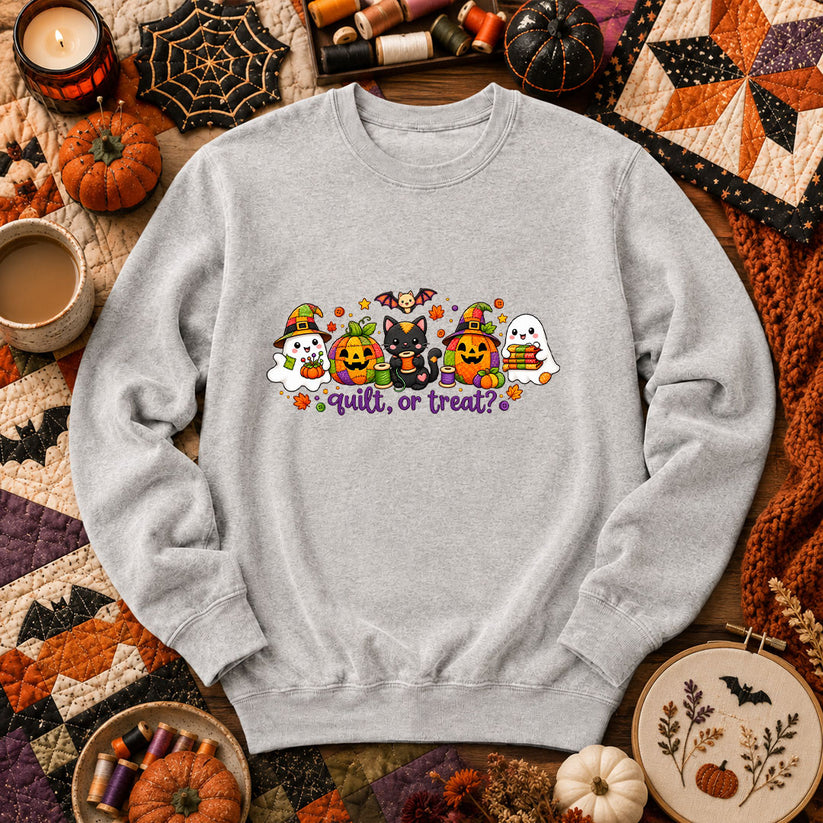 Quilt Or Treat Ghost Pumpkin Cat Long Sleeve - Sport Grey