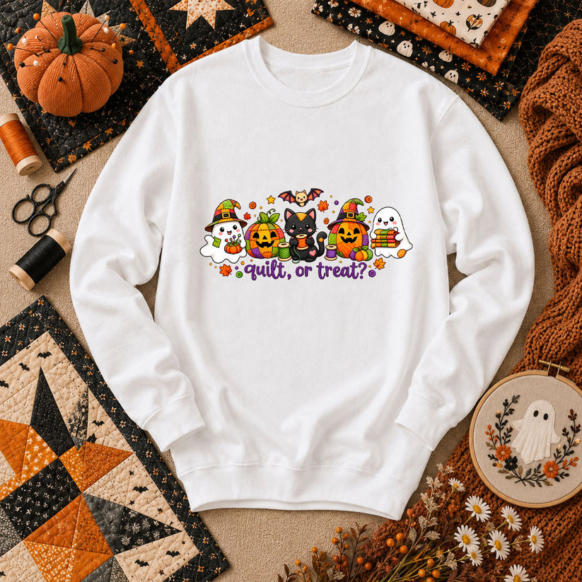 Quilt Or Treat Ghost Pumpkin Cat Long Sleeve - White