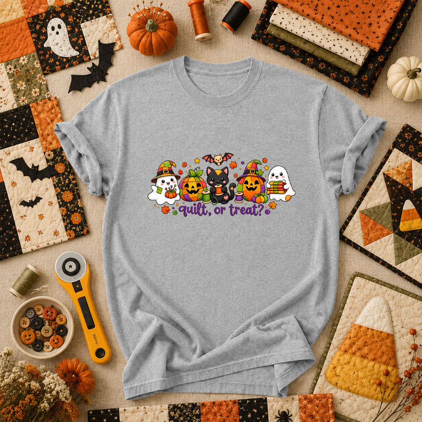 Quilt Or Treat Ghost Pumpkin Cat T-Shirt - Athletic Heather