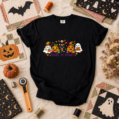 Quilt Or Treat Ghost Pumpkin Cat T-Shirt - Black