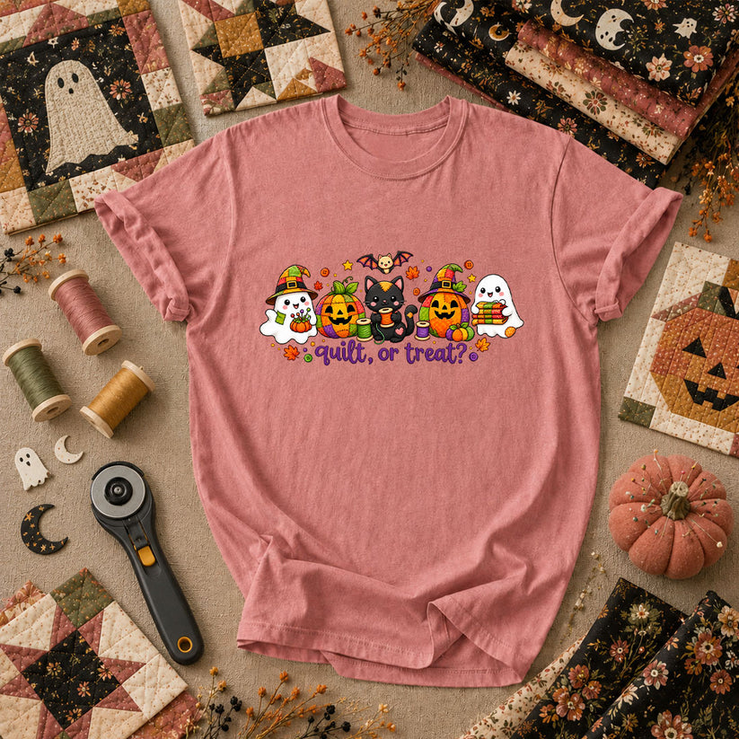 Quilt Or Treat Ghost Pumpkin Cat T-Shirt - Heather Mauve