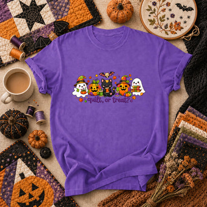 Quilt Or Treat Ghost Pumpkin Cat T-Shirt - Heather Team Purple