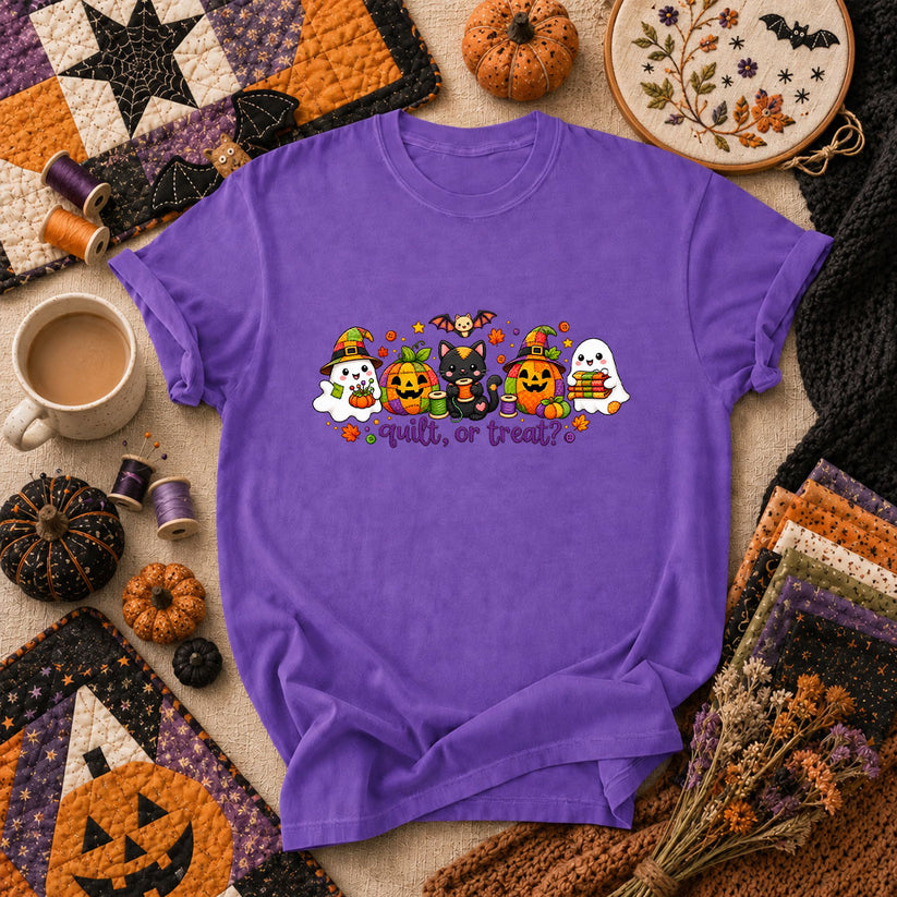 Quilt Or Treat Ghost Pumpkin Cat T-Shirt - Heather Team Purple