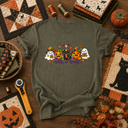 Quilt Or Treat Ghost Pumpkin Cat T-Shirt - Military Green