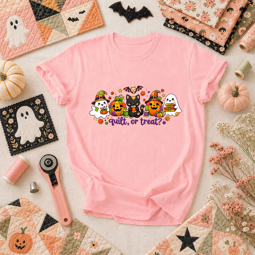 Quilt Or Treat Ghost Pumpkin Cat T-Shirt - Pink
