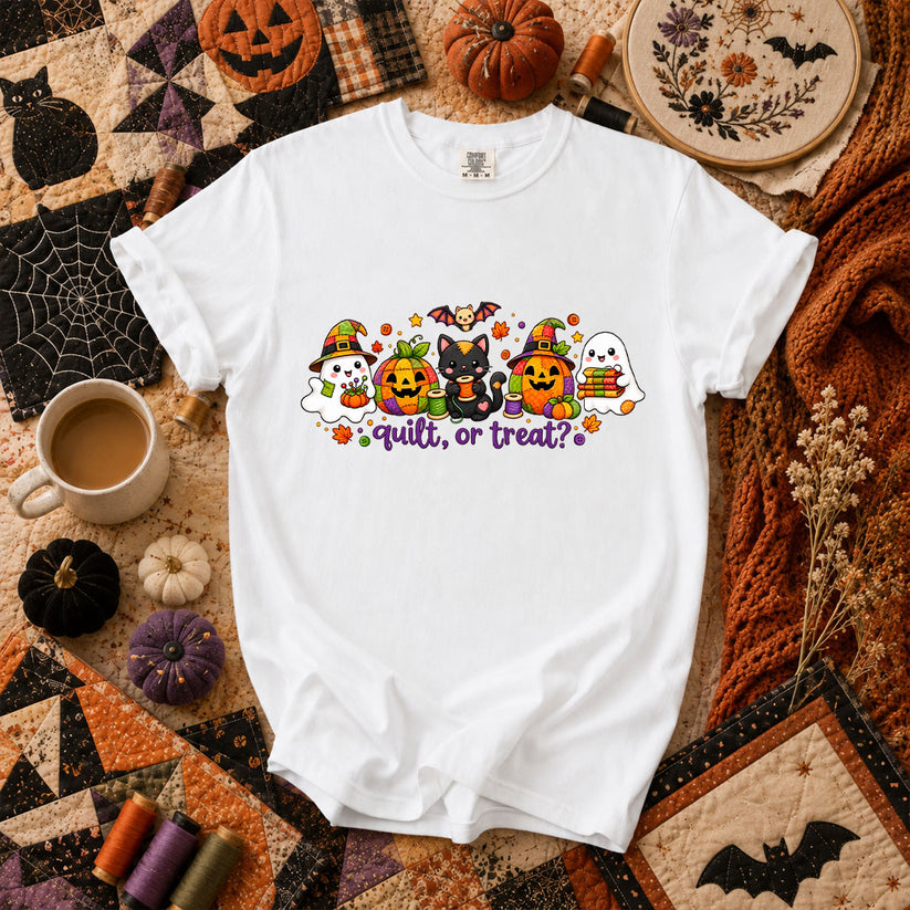 Quilt Or Treat Ghost Pumpkin Cat T-Shirt - White