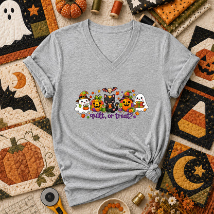 Quilt Or Treat Ghost Pumpkin Cat Women's V-Neck - Athletic Heather