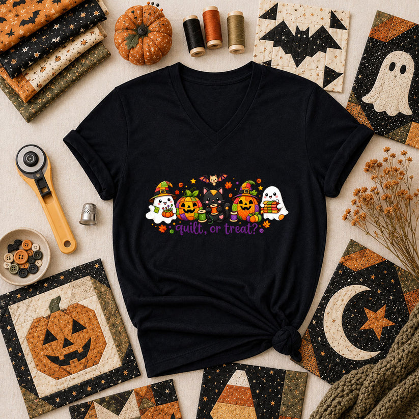 Quilt Or Treat Ghost Pumpkin Cat Women's V-Neck - Black