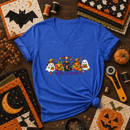 Quilt Or Treat Ghost Pumpkin Cat Women's V-Neck - Heather True Royal