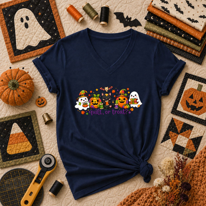 Quilt Or Treat Ghost Pumpkin Cat Women's V-Neck - Navy
