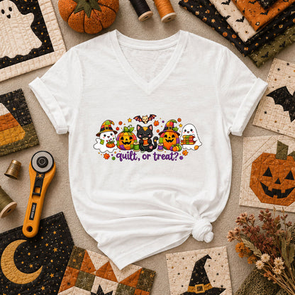 Quilt Or Treat Ghost Pumpkin Cat Women's V-Neck - White