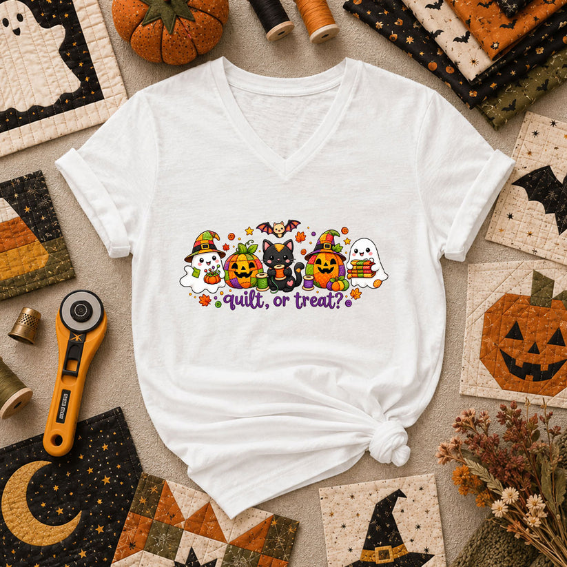 Quilt Or Treat Ghost Pumpkin Cat Women's V-Neck - White