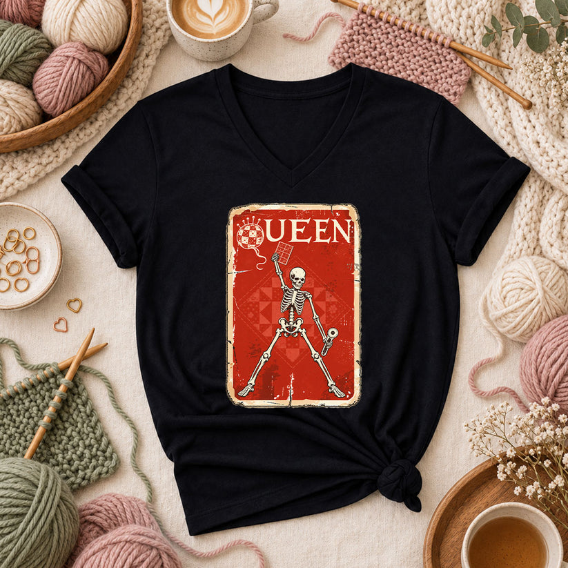 Quilt Queen Skeleton Vintage Poster Women's V-Neck - Black